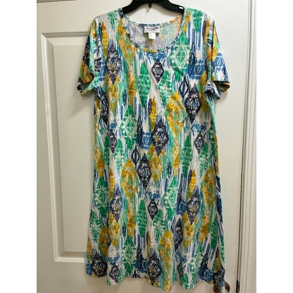 Serengeti Womens XL Ikat Print T-Shirt Dress Blue Green Yellow Cotton Casual